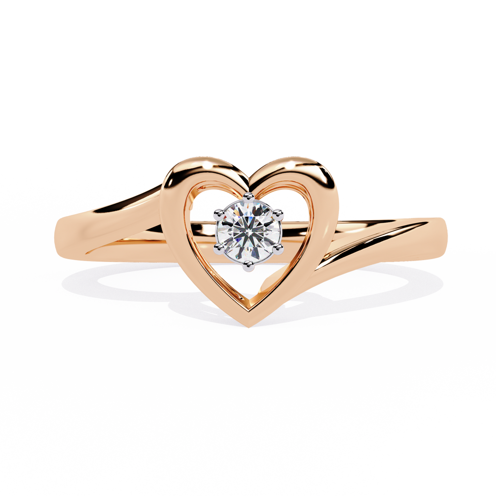 Gold open heart ring with central round solitaire diamond for women