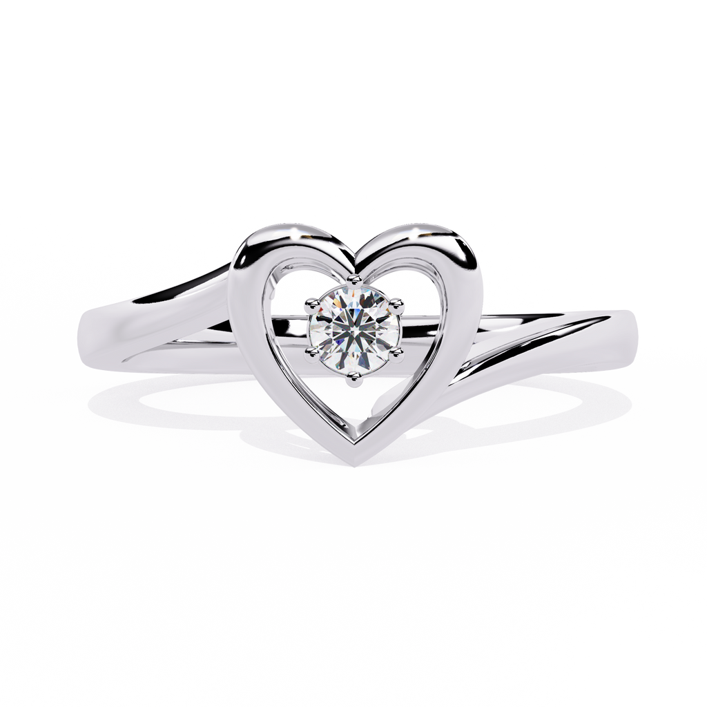 Gold open heart ring with central round solitaire diamond for women
