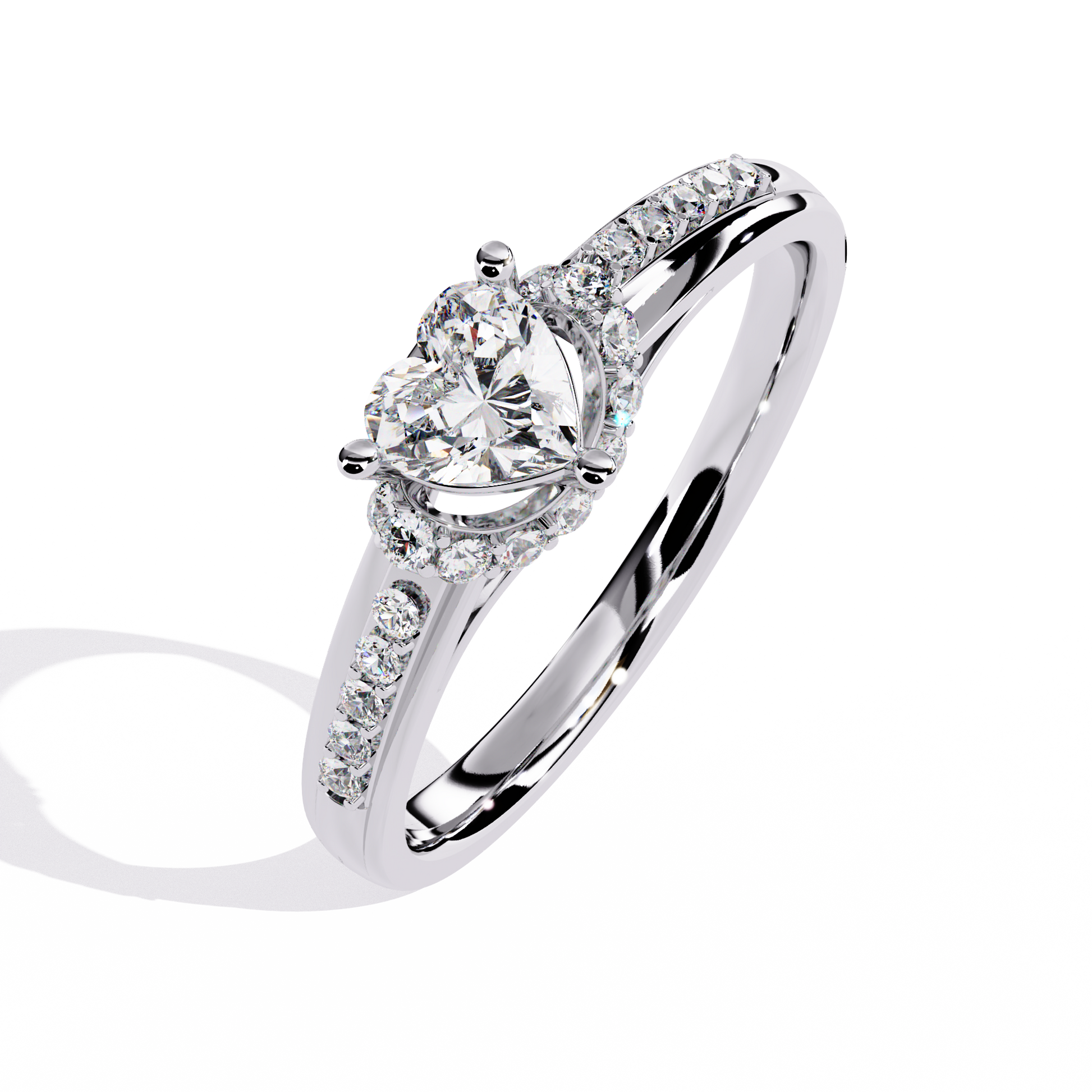 Heart-shaped solitaire ring with round side diamonds

