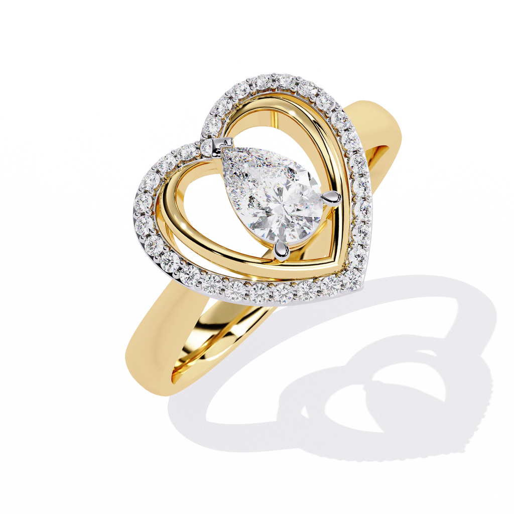 Double heart diamond ring with pear-shaped center diamond and round accents

