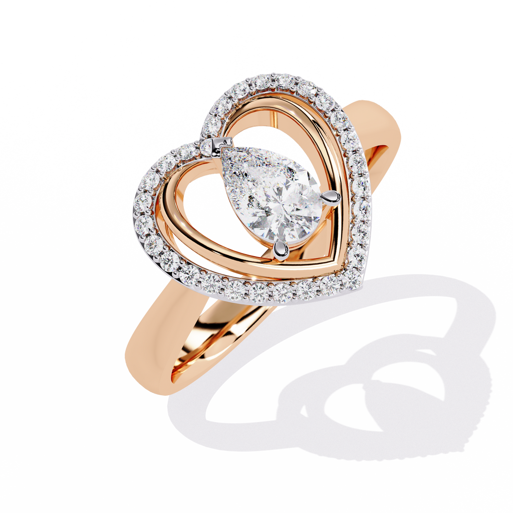 Double heart diamond ring with pear-shaped center diamond and round accents

