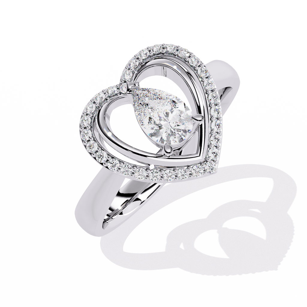 Double heart diamond ring with pear-shaped center diamond and round accents

