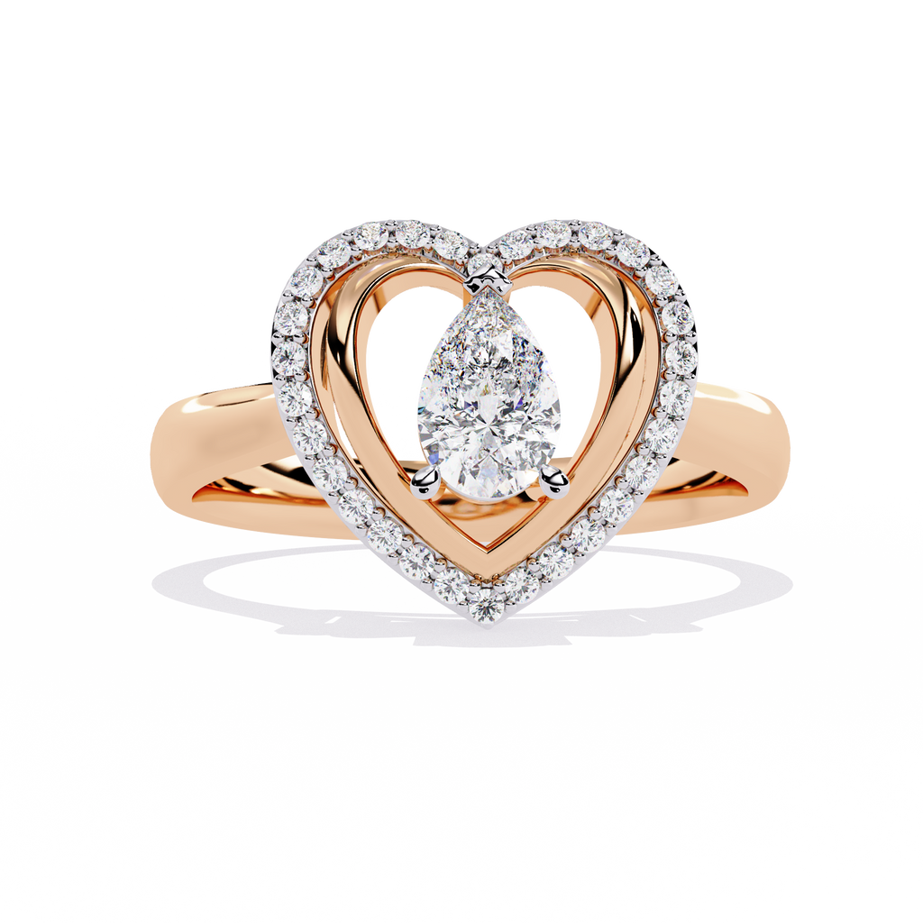 Double heart diamond ring with pear-shaped center diamond and round accents

