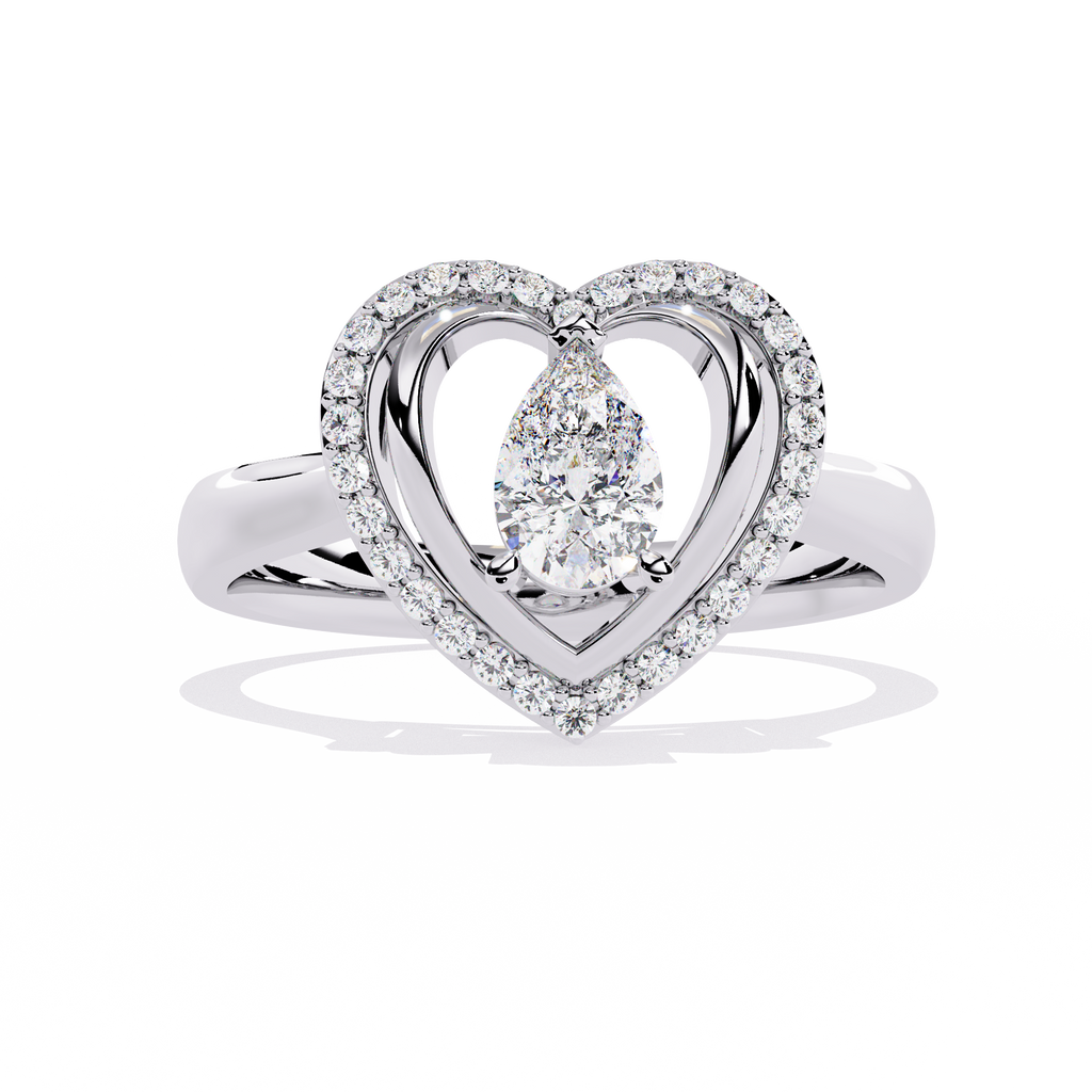 Double heart diamond ring with pear-shaped center diamond and round accents

