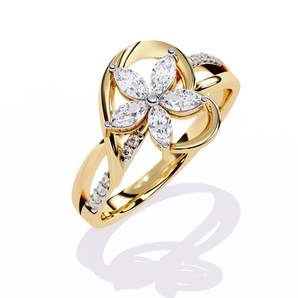 Gold ring with 0.26+0.04 Ct marquise and round diamonds in floral design

