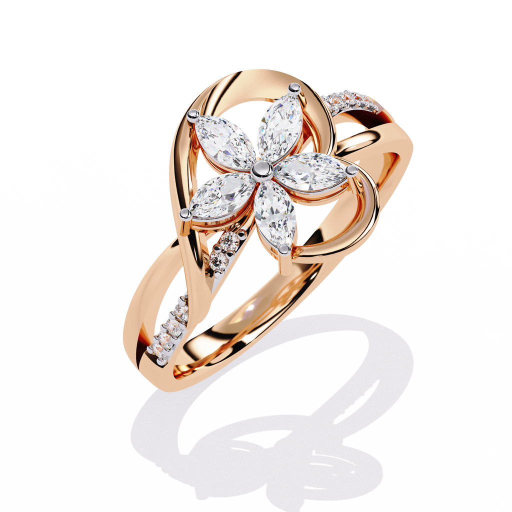 Gold ring with 0.26+0.04 Ct marquise and round diamonds in floral design
