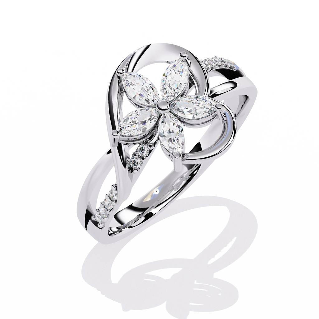 Gold ring with 0.26+0.04 Ct marquise and round diamonds in floral design
