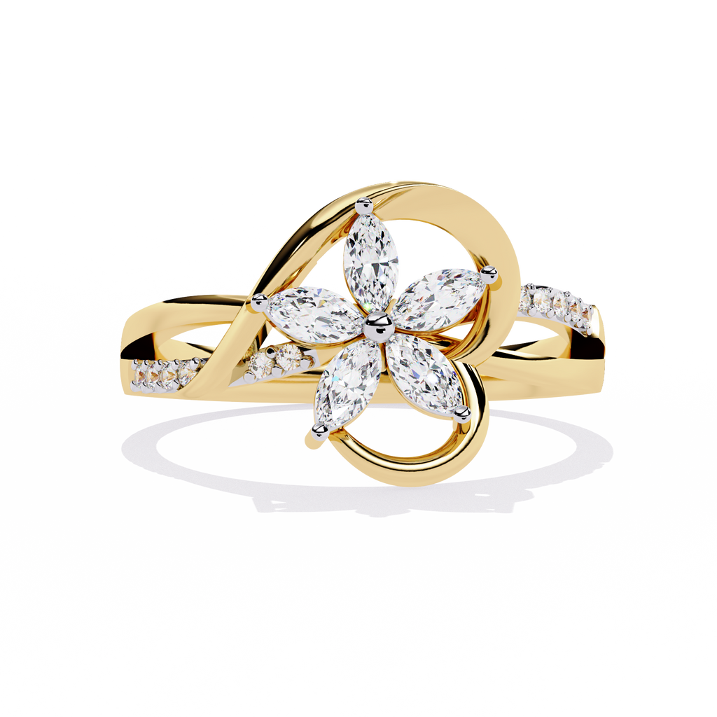 Gold ring with 0.26+0.04Ct marquise and round diamonds in floral design

