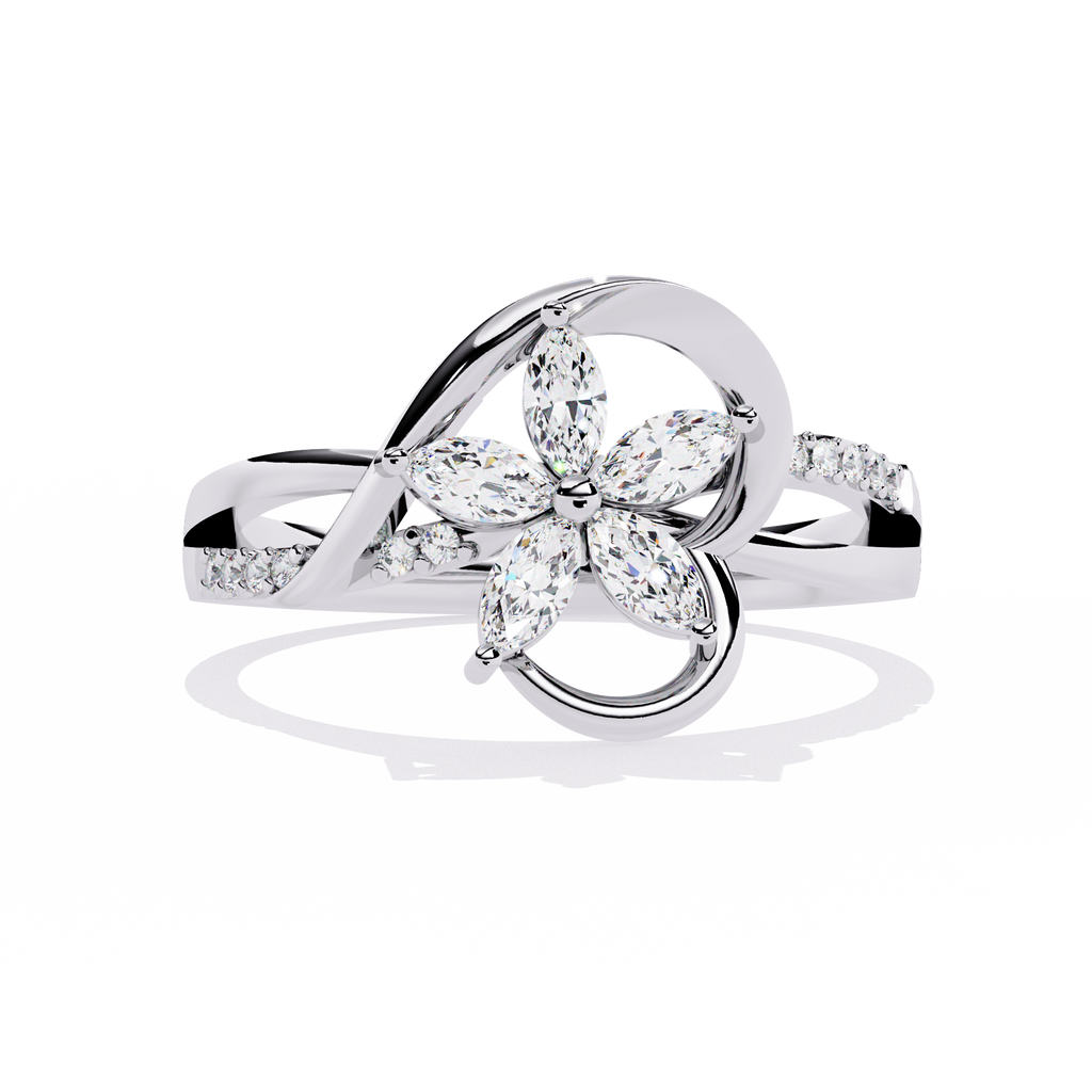 Gold ring with 0.26+0.04 Ct marquise and round diamonds in floral design
