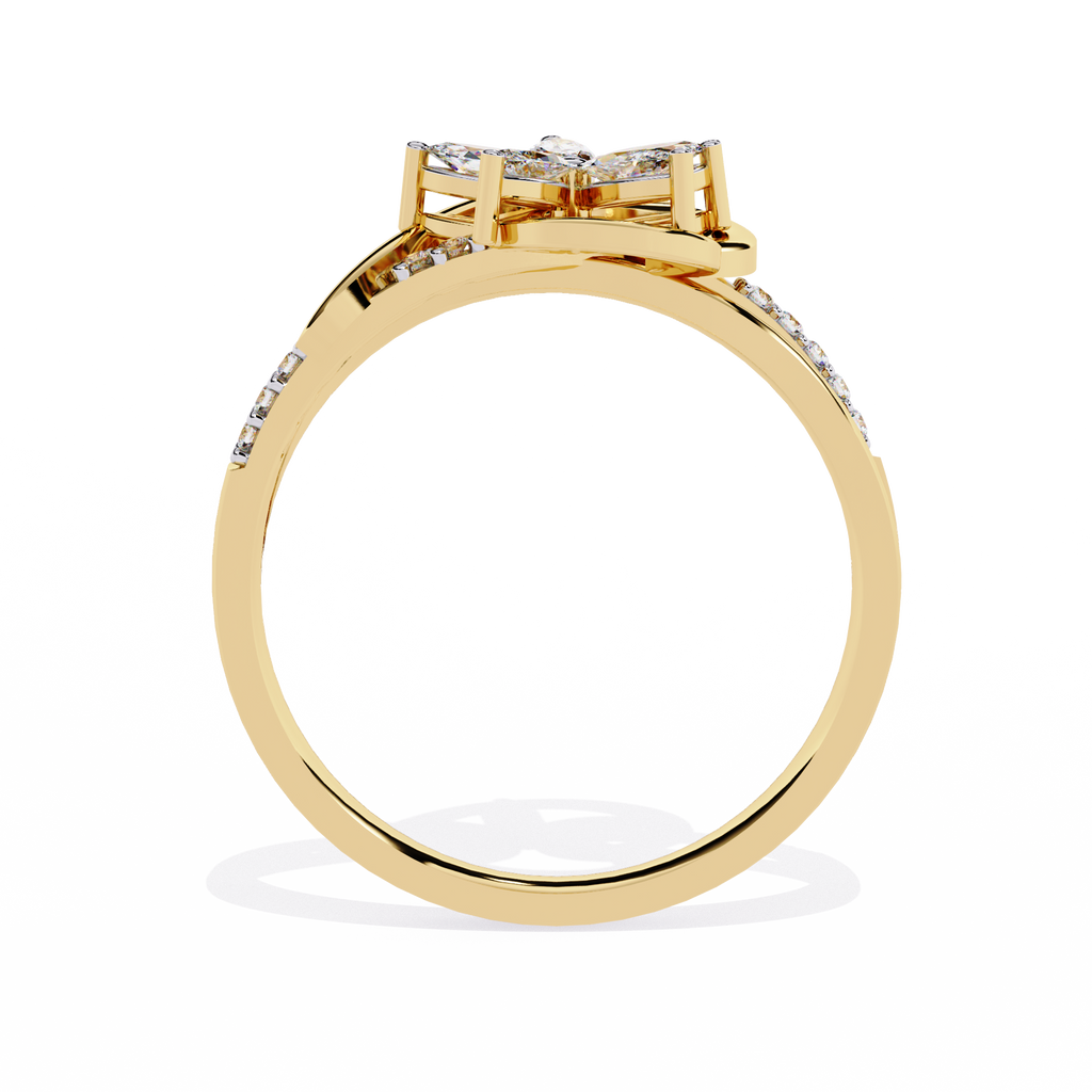 Gold ring with 0.26+0.04 Ct marquise and round diamonds in floral design
