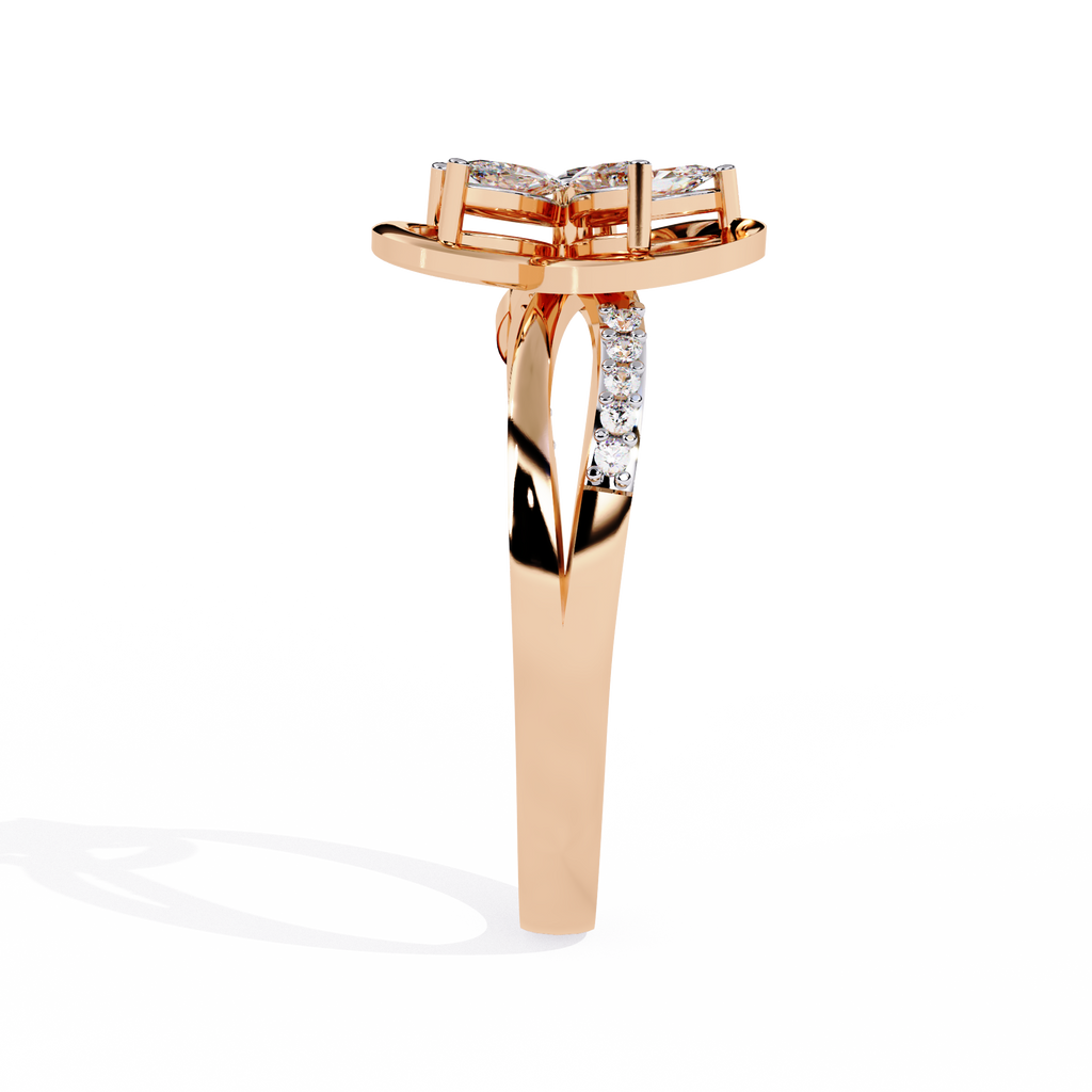 Gold ring with 0.26+0.04 Ct marquise and round diamonds in floral design
