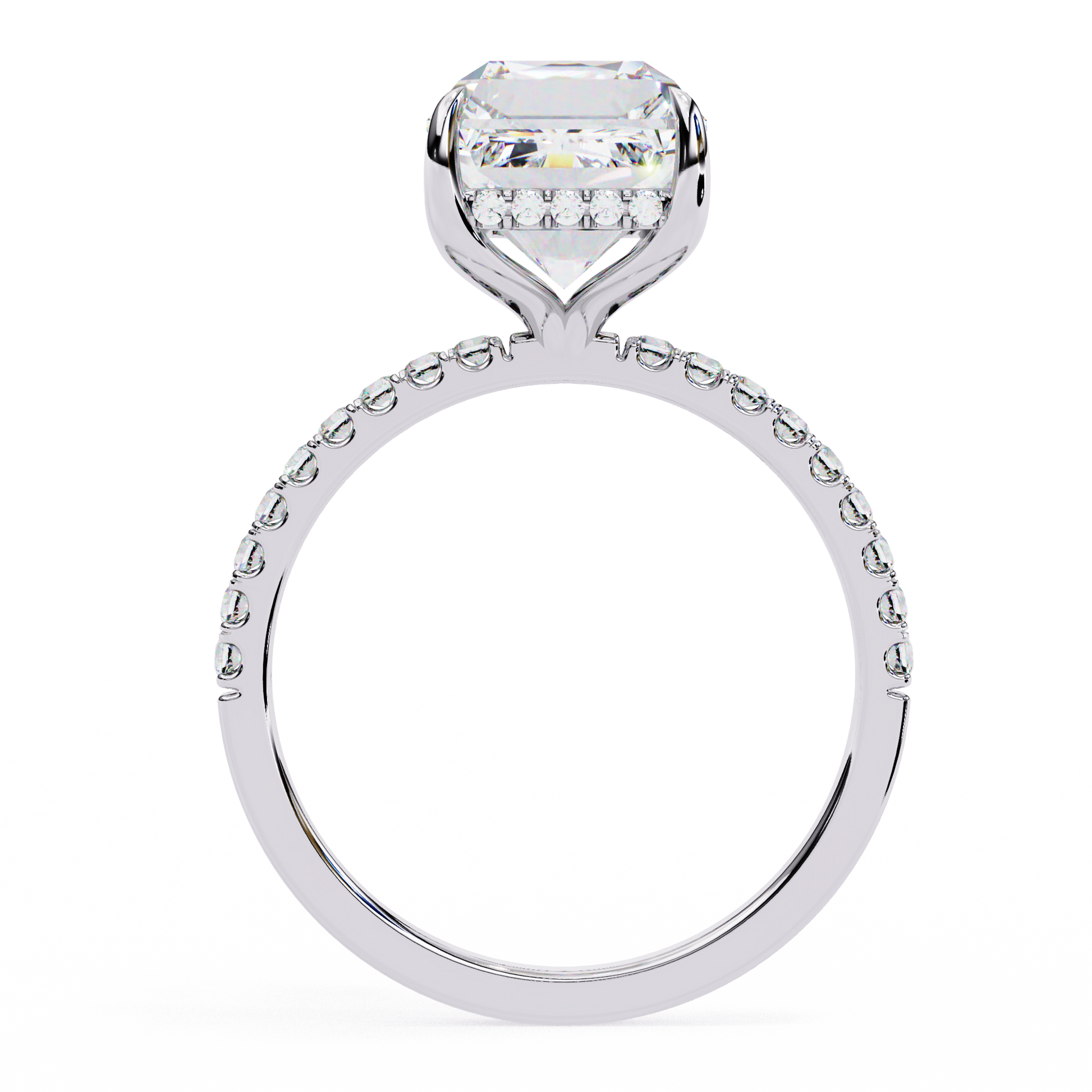 Elegant Emerald Cut Diamond Ring – Center with Halo and Band Accents in Gold