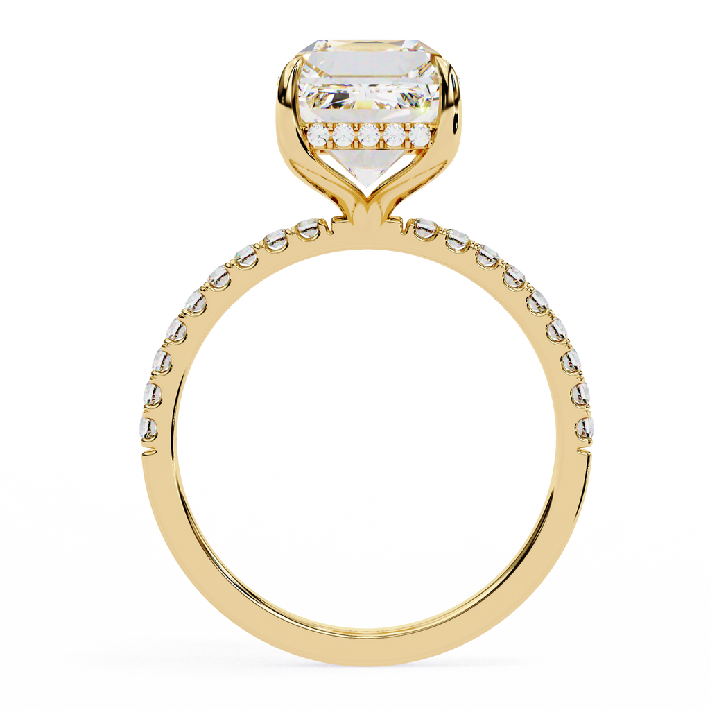 Elegant Emerald Cut Diamond Ring – Center with Halo and Band Accents in Gold