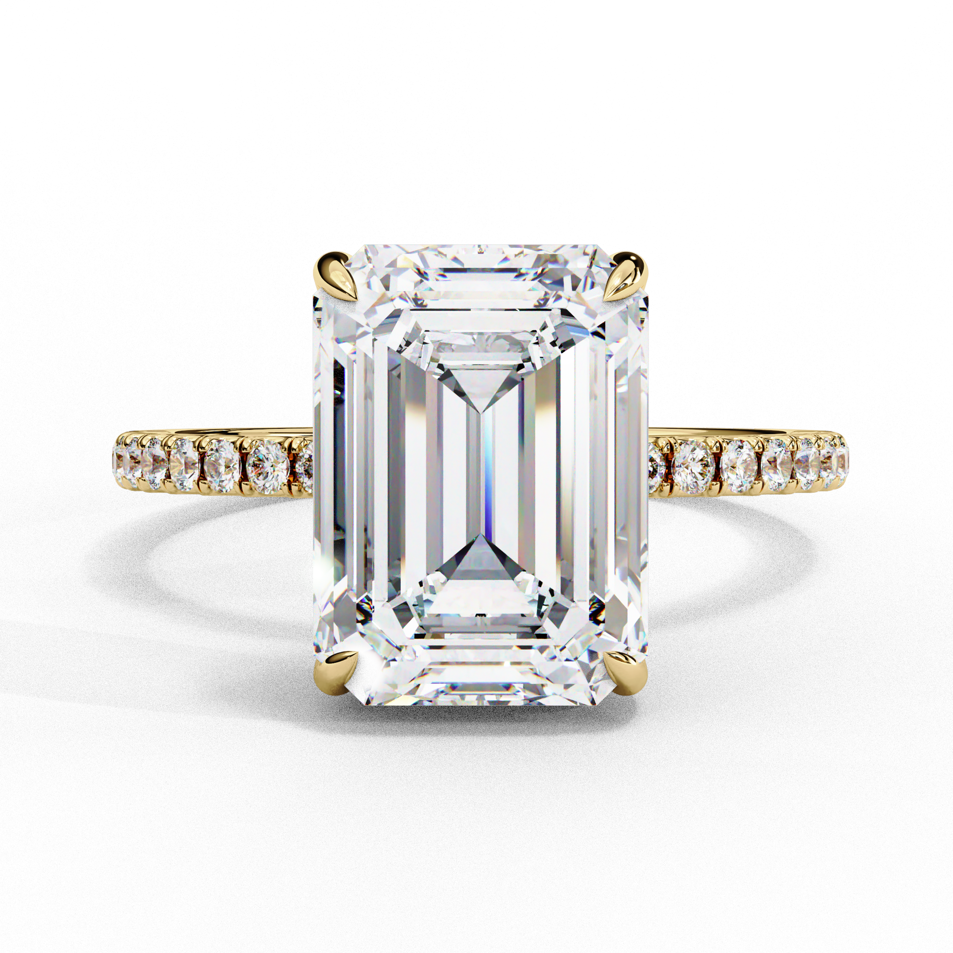 Elegant Emerald Cut Diamond Ring – Center with Halo and Band Accents in Gold