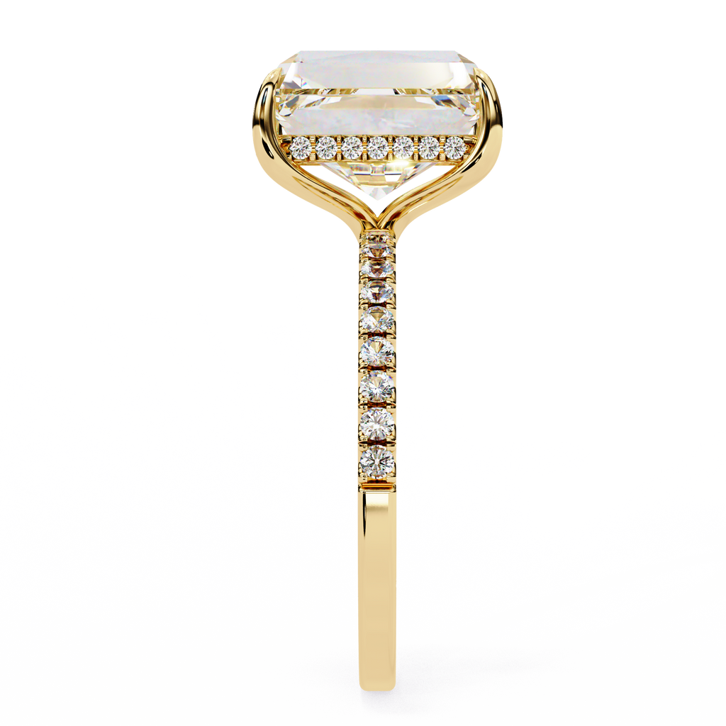 Elegant Emerald Cut Diamond Ring – Center with Halo and Band Accents in Gold