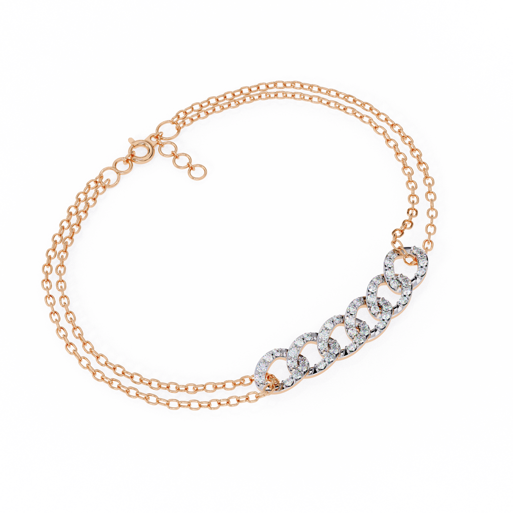 Premium Round Diamond Bracelet – 6 Interlinked Rings with Small Diamonds and Dual Chain Wrap in Gold