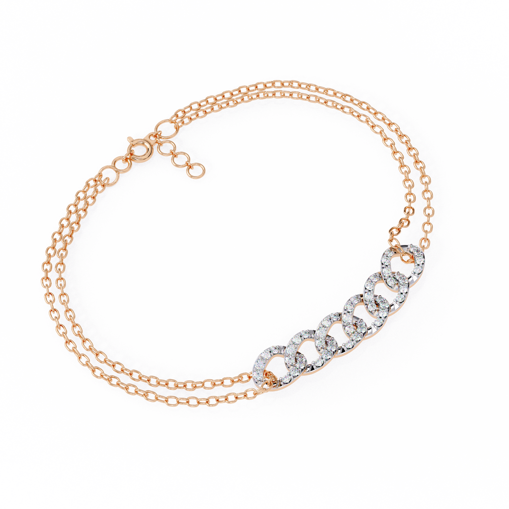 Premium Round Diamond Bracelet – 6 Interlinked Rings with Small Diamonds and Dual Chain Wrap in Gold