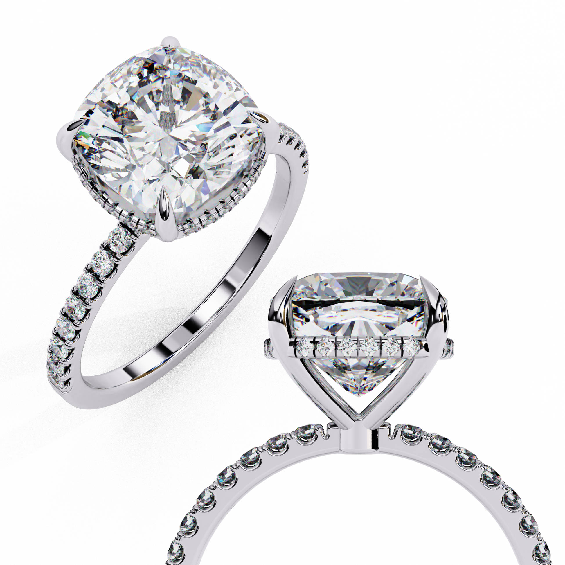 Elegant Cushion Cut Diamond Ring – with Hidden Halo and Diamond-Studded Band