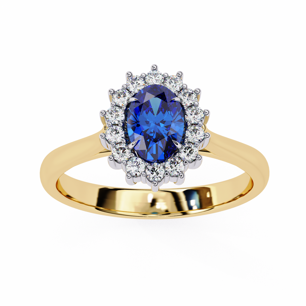 Elegant Oval Blue Sapphire and Lab Grown Diamond Halo Ring – Timeless Beauty in Gold