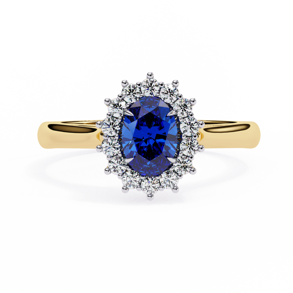 Elegant Oval Blue Sapphire and Lab Grown Diamond Halo Ring – Timeless Beauty in Gold