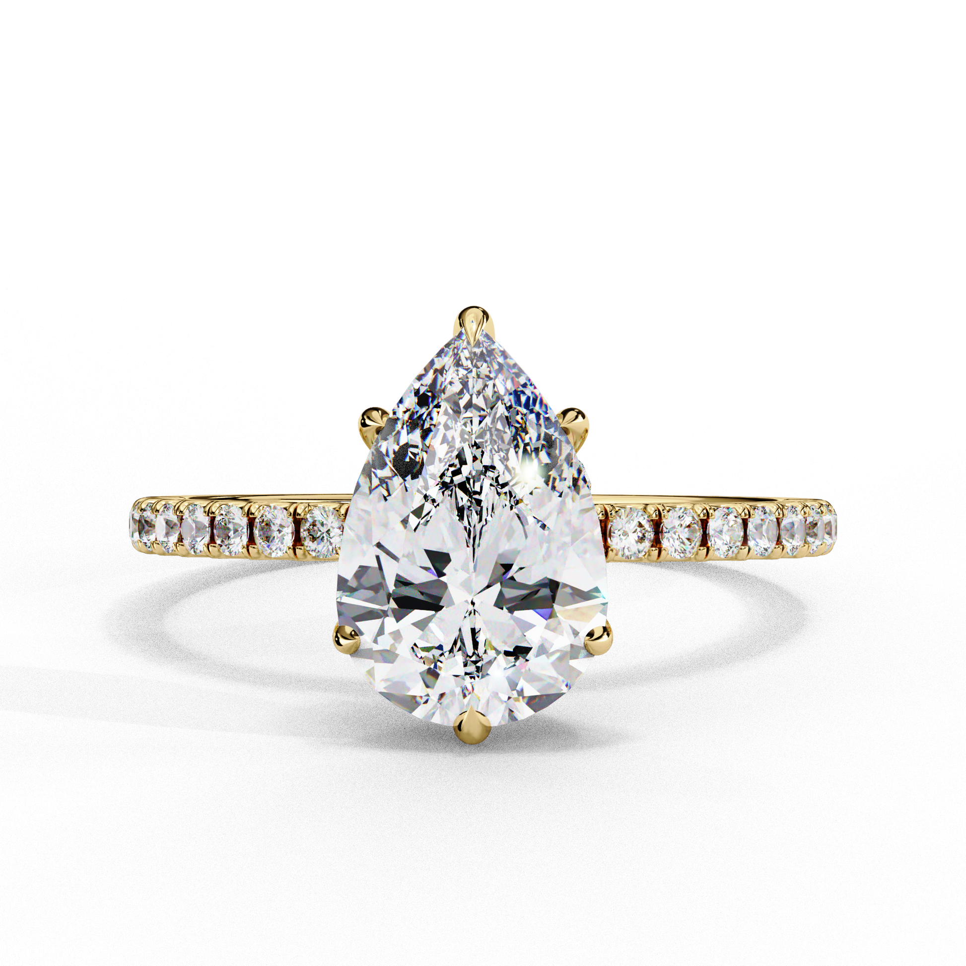Unique Pear Cut Diamond Ring – with Hidden Halo and Diamond Band in Gold