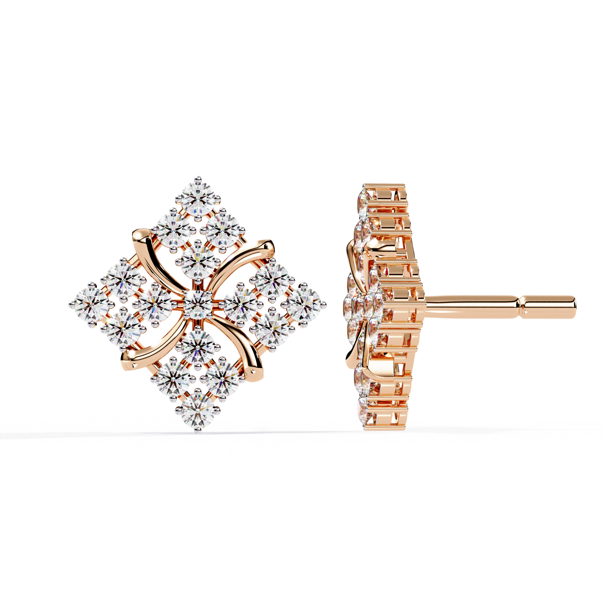 Luxury Floral Round Diamond Stud Earrings – Multi Stone Cluster