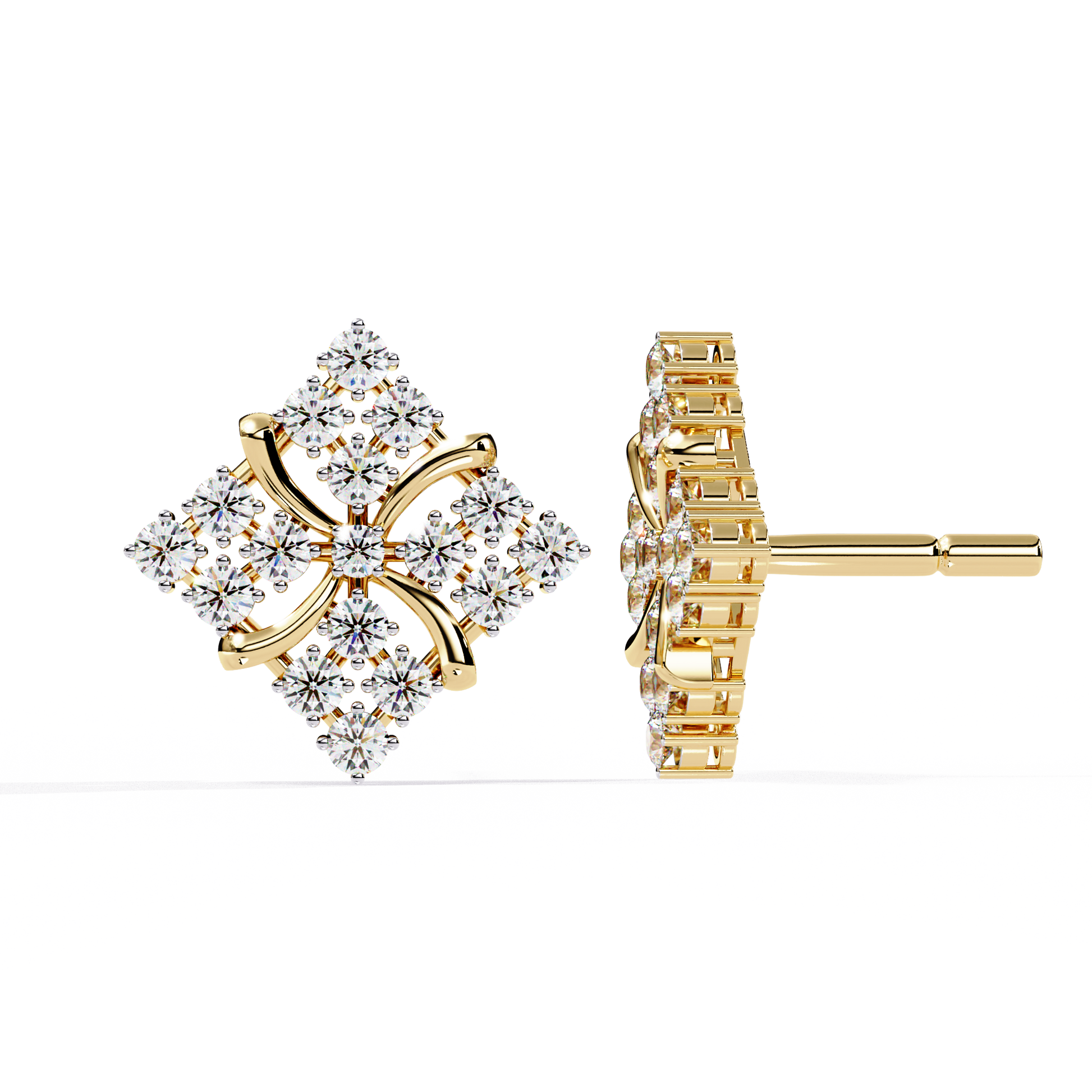 Luxury Floral Round Diamond Stud Earrings – Multi Stone Cluster