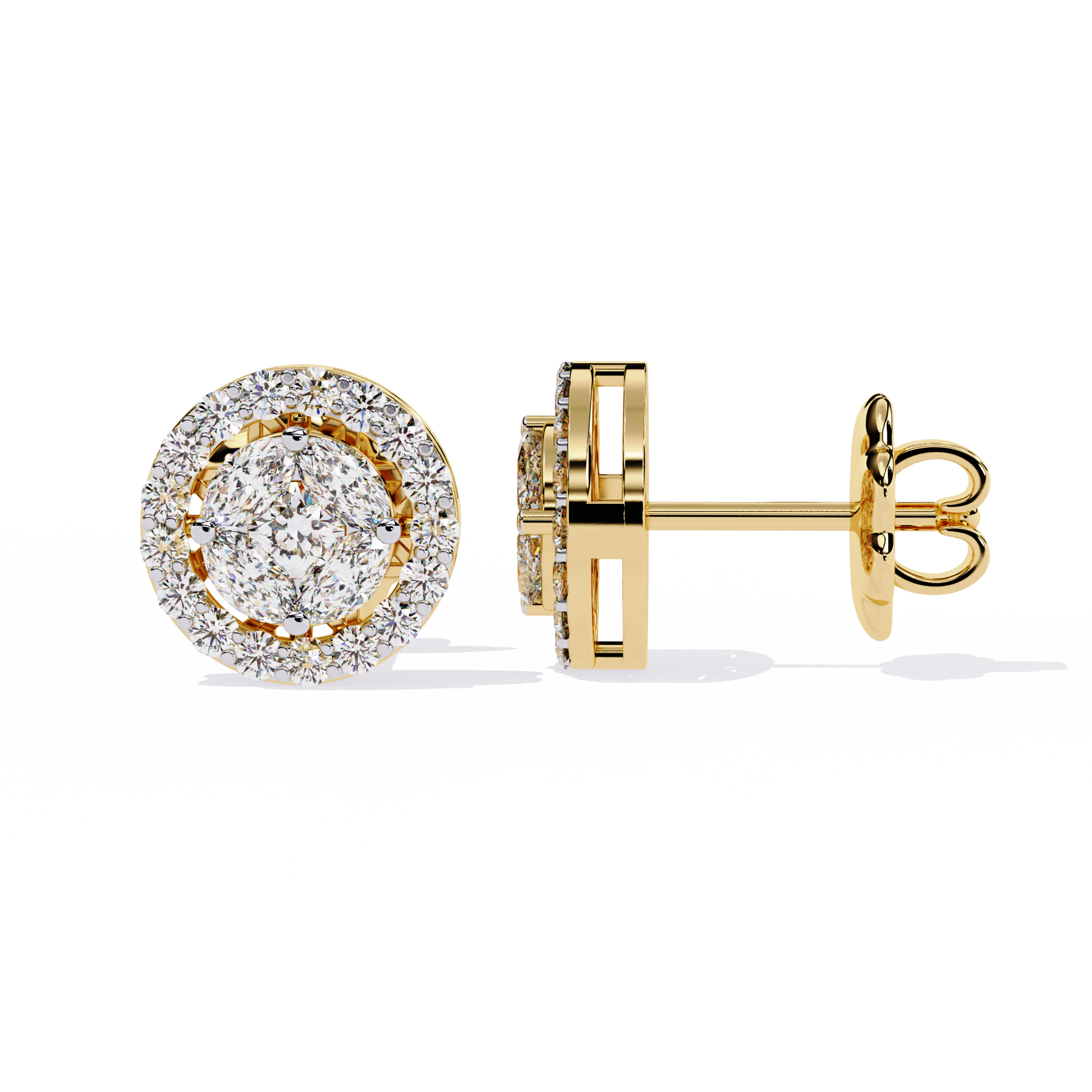 Gold Oval Halo Diamond Stud Earrings