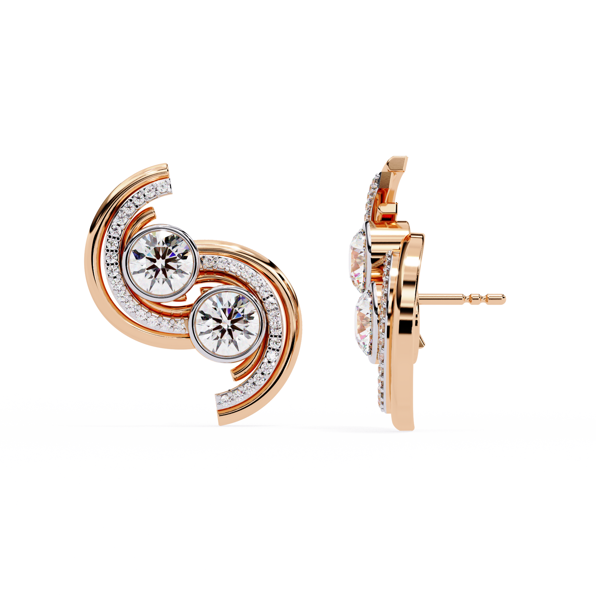 Gold Spiral Diamond Stud Earrings