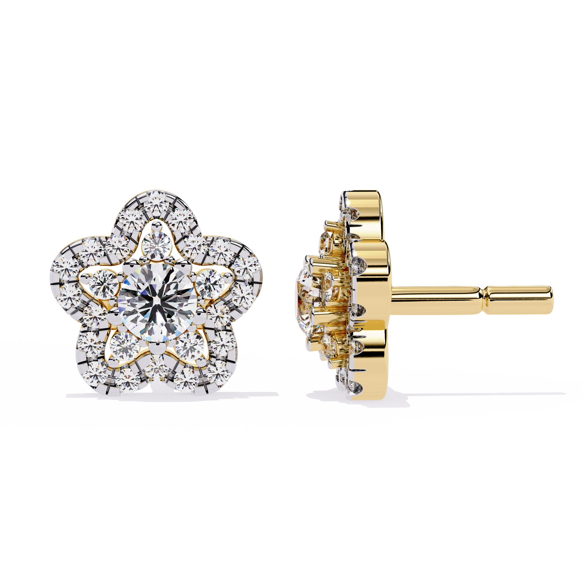Gold Flower Diamond Stud Earrings