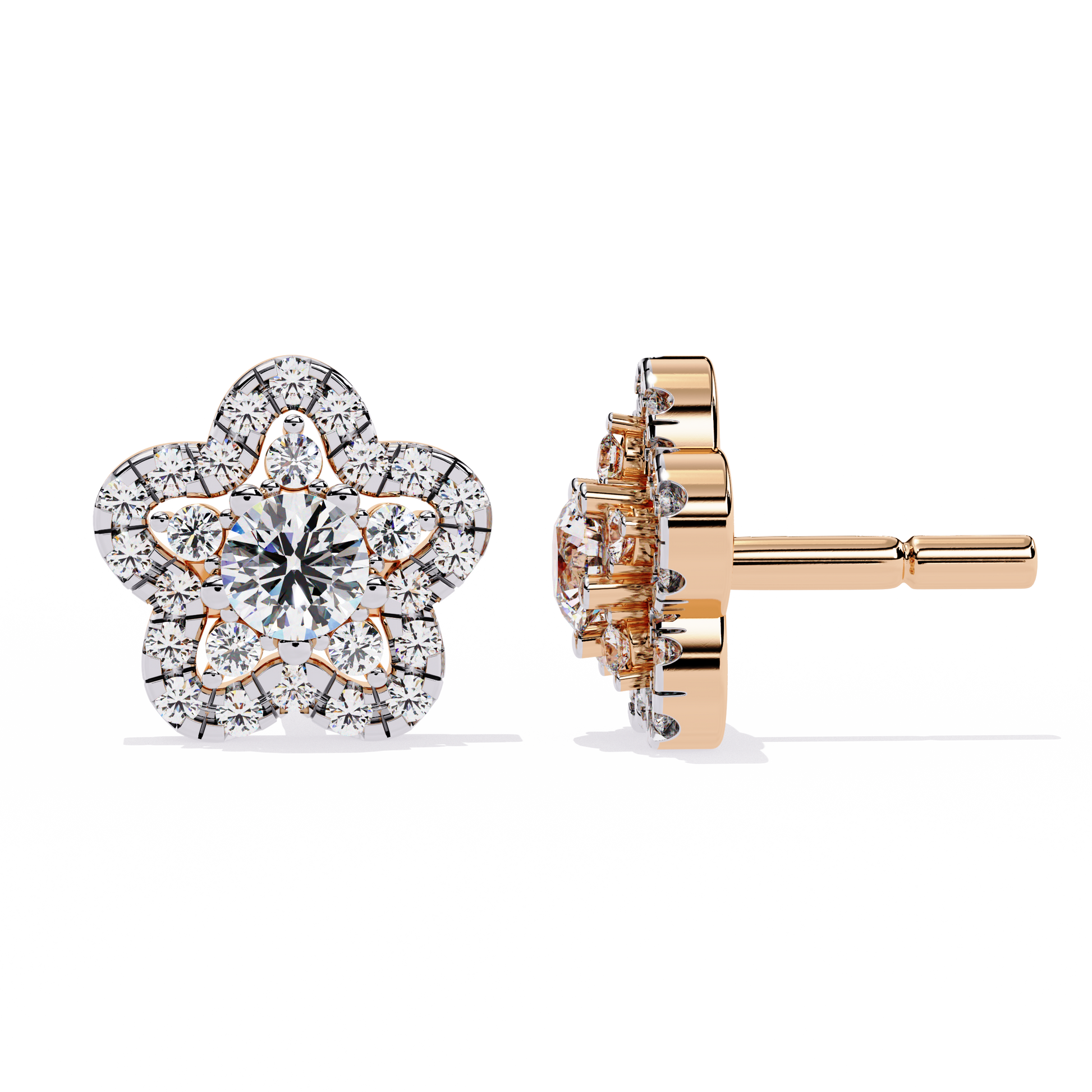 Gold Flower Diamond Stud Earrings