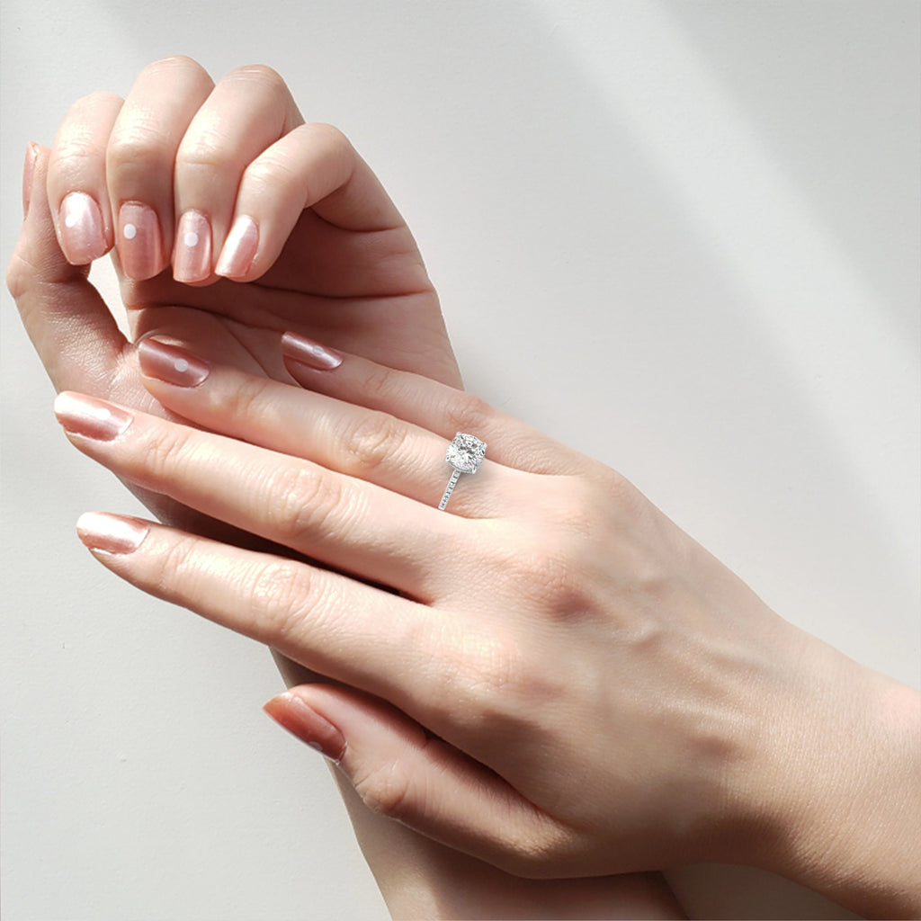 Elegant Cushion Cut Diamond Ring – with Hidden Halo and Diamond-Studded Band