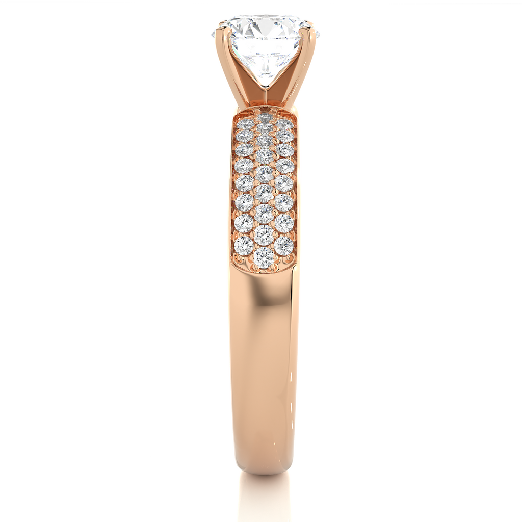 Round Diamond Ring – Solitaire Diamond with Three Lines of Small Diamonds on Thick Band