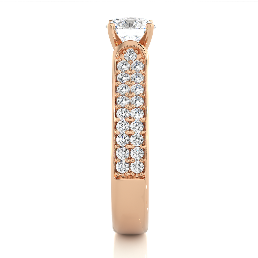 Round Diamond Ring – Solitaire Diamond with Two Lines of Small Diamonds on Thick Band