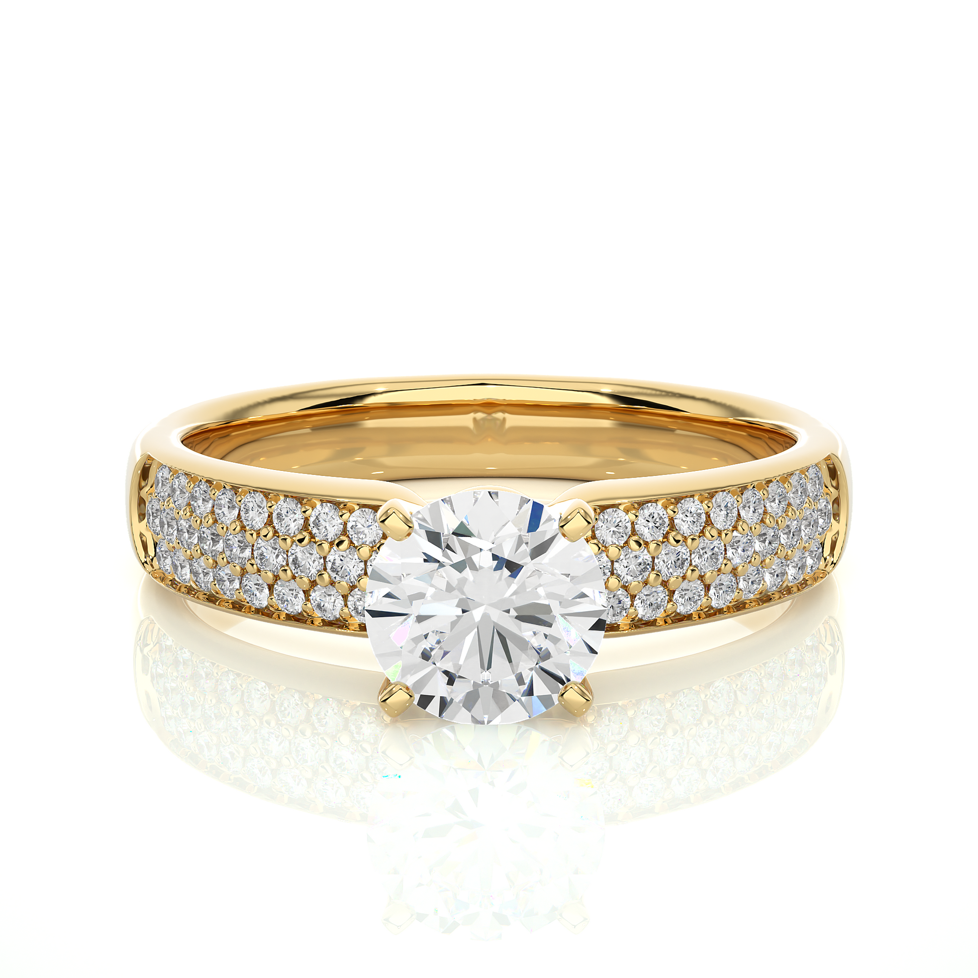 Round Diamond Ring – Solitaire Diamond with Three Lines of Small Diamonds on Thick Band