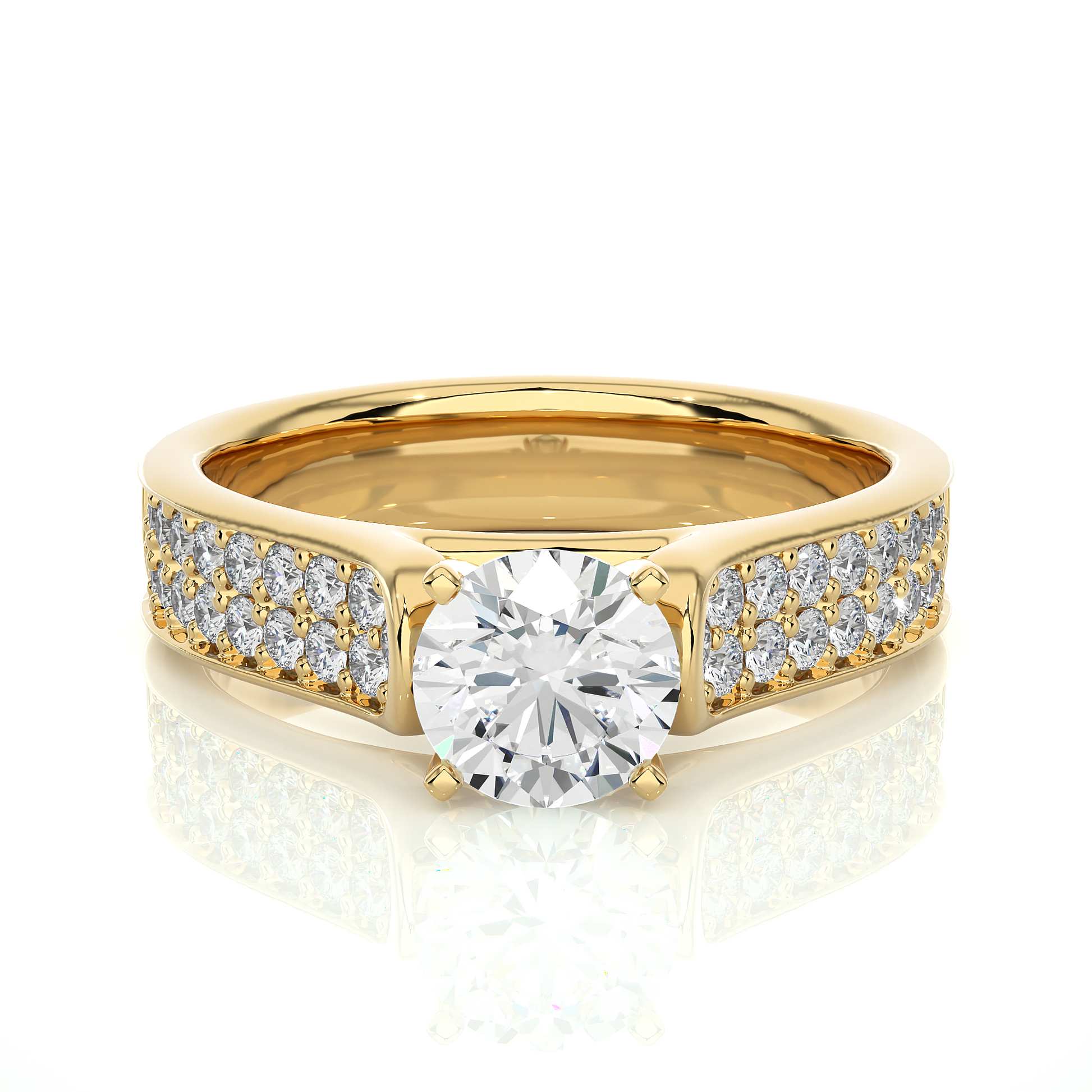Round Diamond Ring – Solitaire Diamond with Two Lines of Small Diamonds on Thick Band