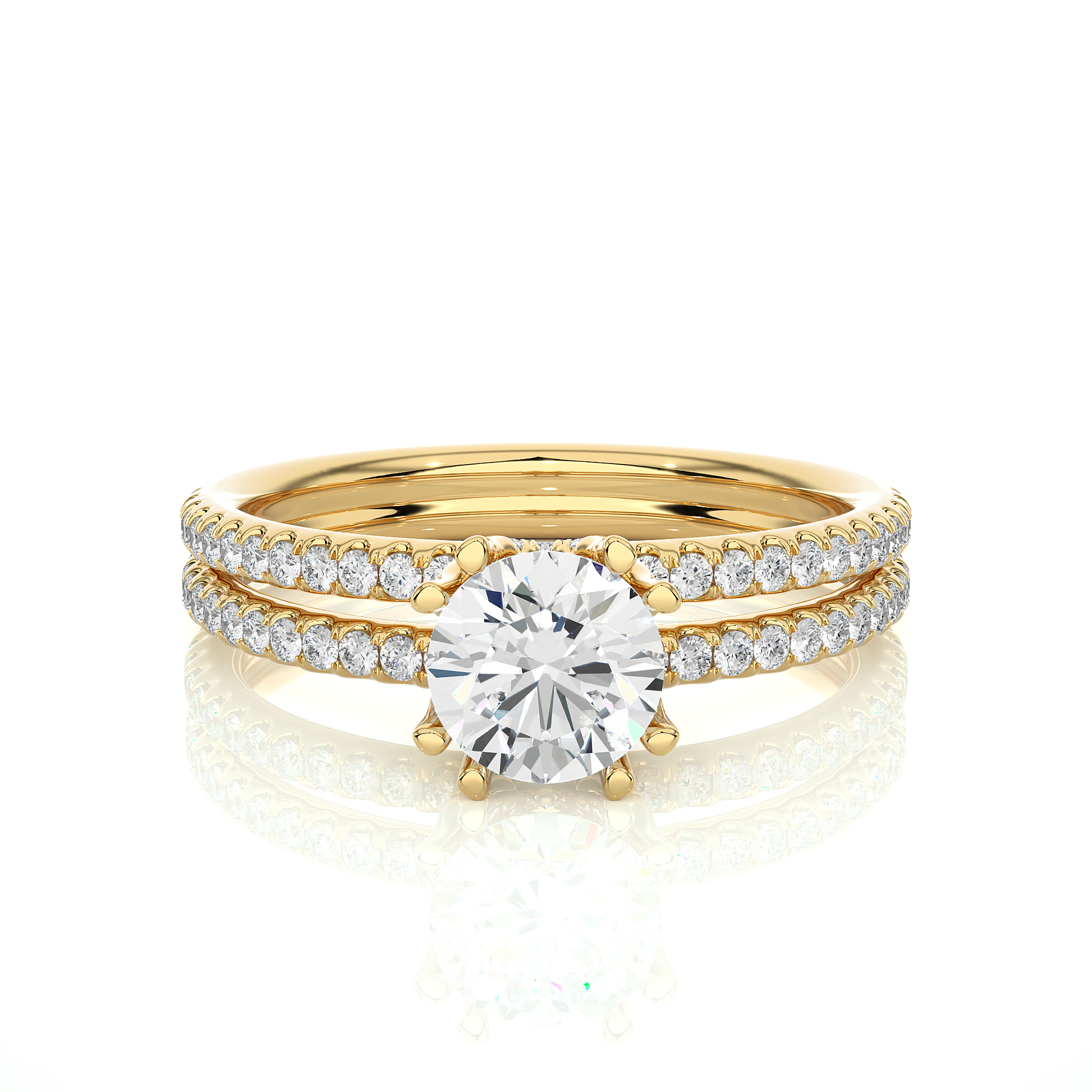 Round Diamond Ring – Solitaire Diamond with Small Diamonds on Dual Rings in Gold