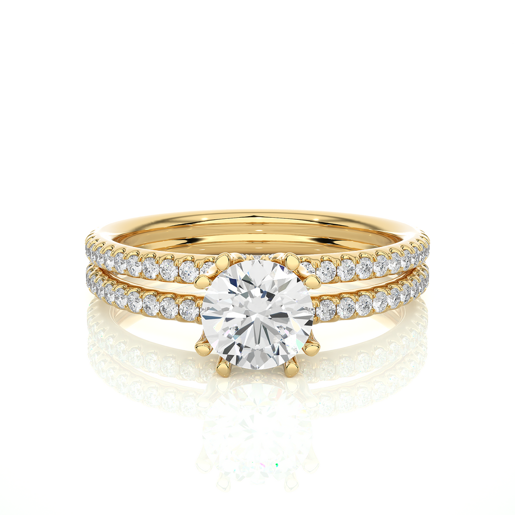 Round Diamond Ring – Solitaire Diamond with Small Diamonds on Dual Rings in Gold