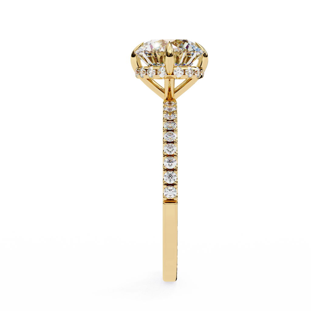 Timeless Elegance: Round Cut Lab-Grown Diamond Ring with Basket Halo and Diamond Band in Gold