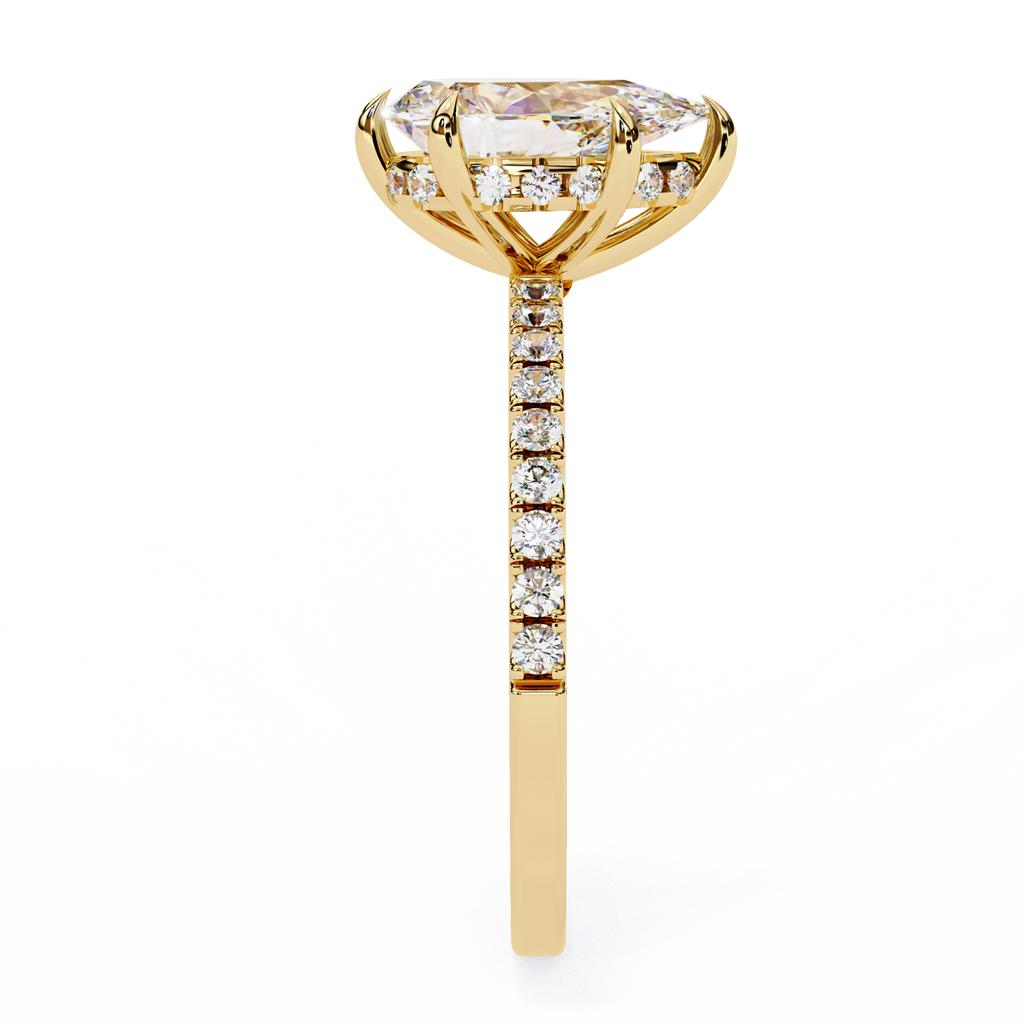 Unique Pear Cut Diamond Ring – with Hidden Halo and Diamond Band in Gold