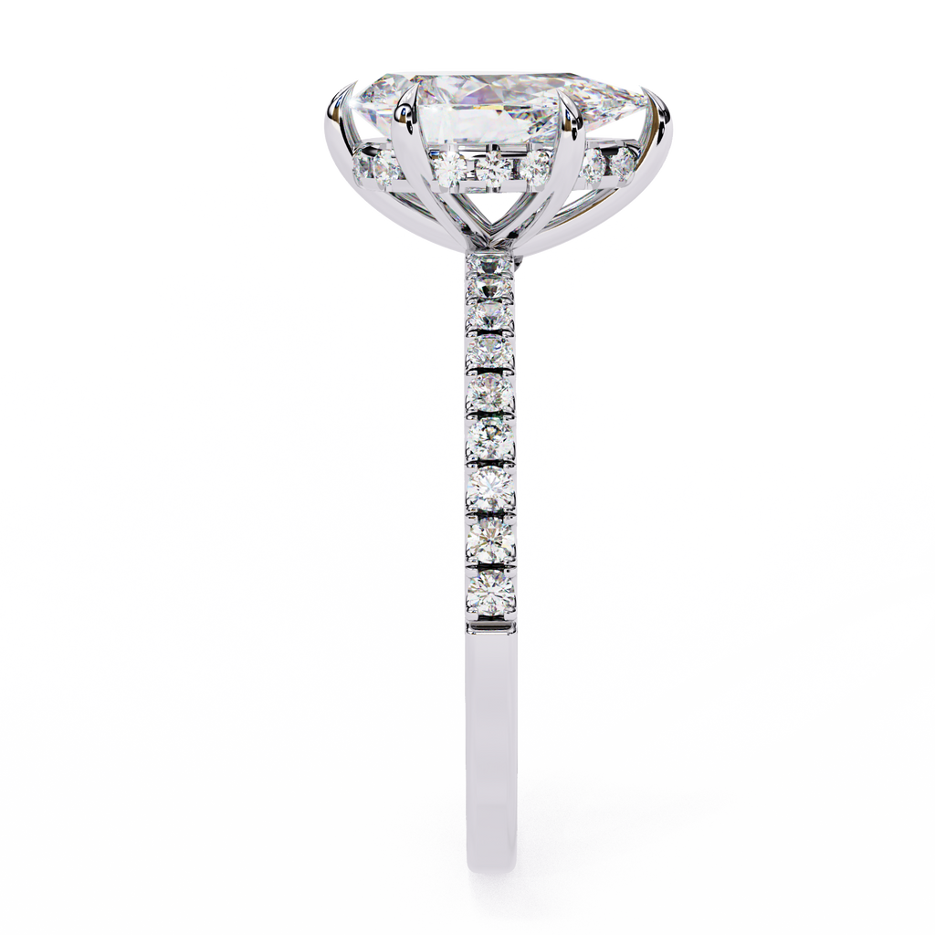 Unique Pear Cut Diamond Ring – with Hidden Halo and Diamond Band in Gold