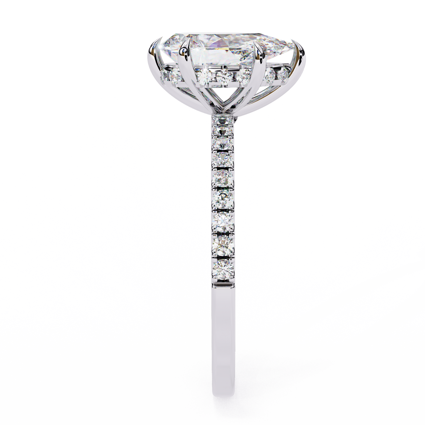 Unique 1.81Ct Pear Cut Diamond Ring with Hidden Halo and Diamond Band in Gold