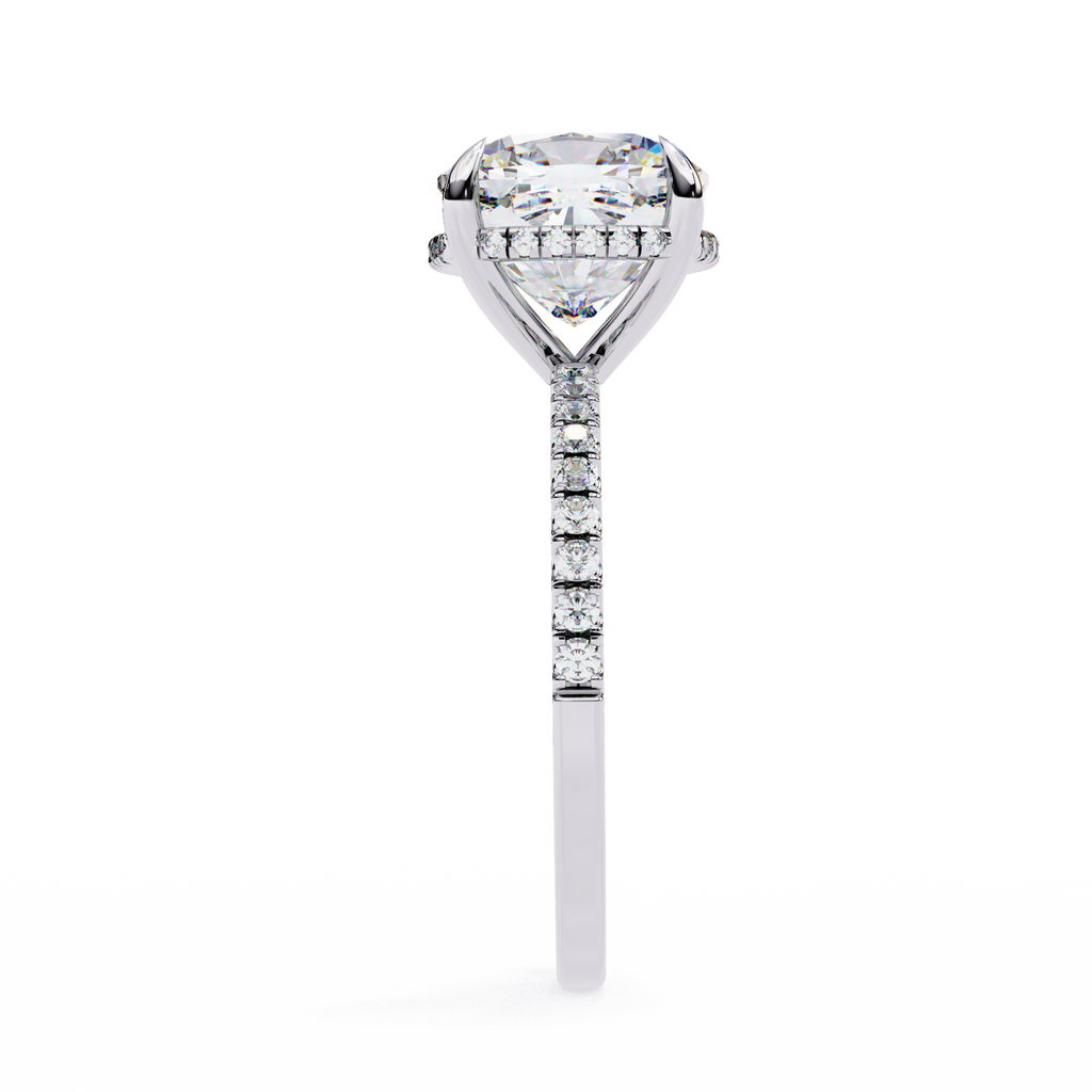 Elegant Cushion Cut Diamond Ring – with Hidden Halo and Diamond-Studded Band