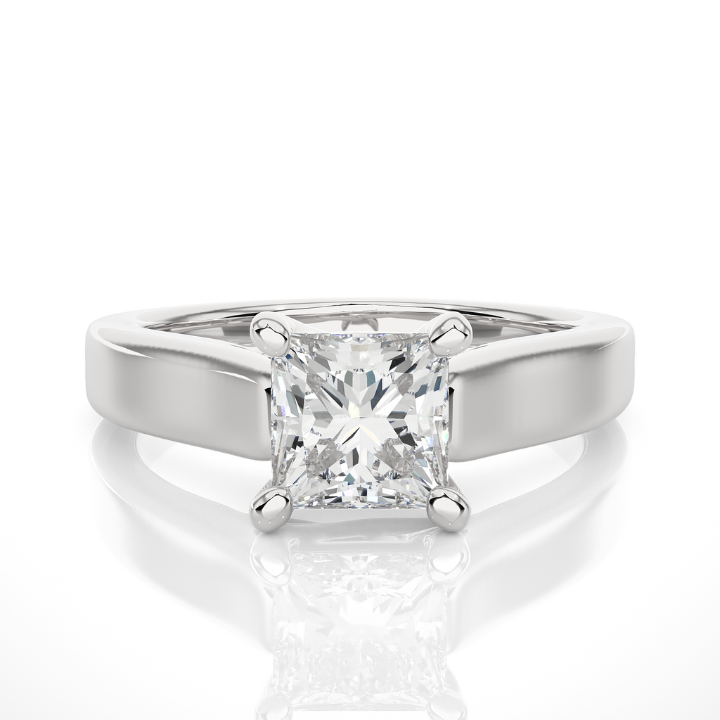 Princess Diamond Ring – Square Diamond Solitaire with Thick Plain Gold Band