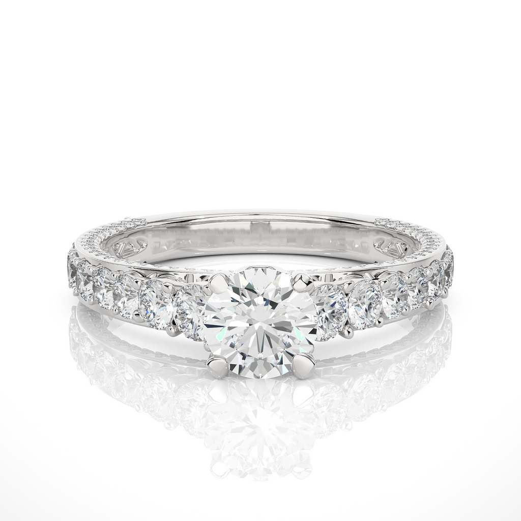 Round Diamond Ring – Solitaire Diamond with Small Diamonds Around and Sides of the Thick Ring in Elegant Design