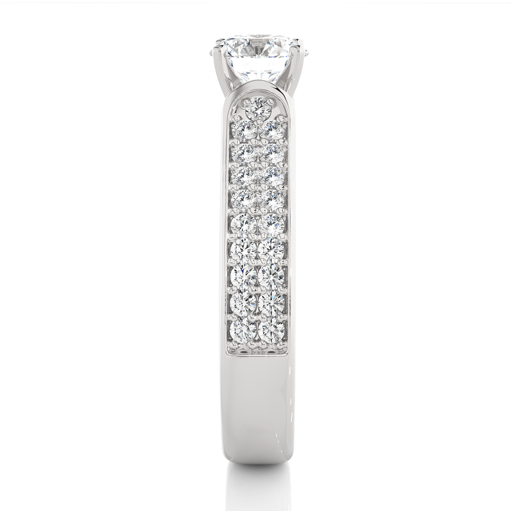 Round Diamond Ring – Solitaire Diamond with Two Lines of Small Diamonds on Thick Band