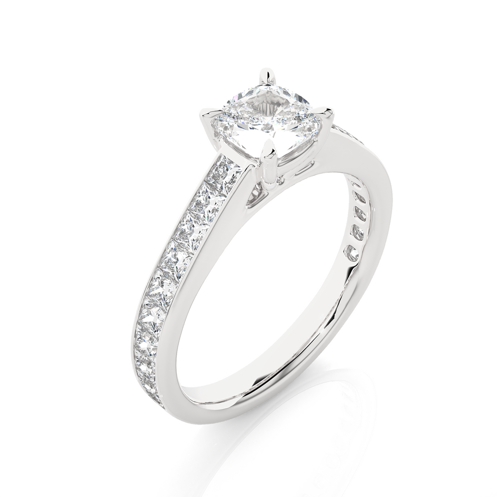 1.1+1.0  Ct Cushion + Princess Diamond Ring