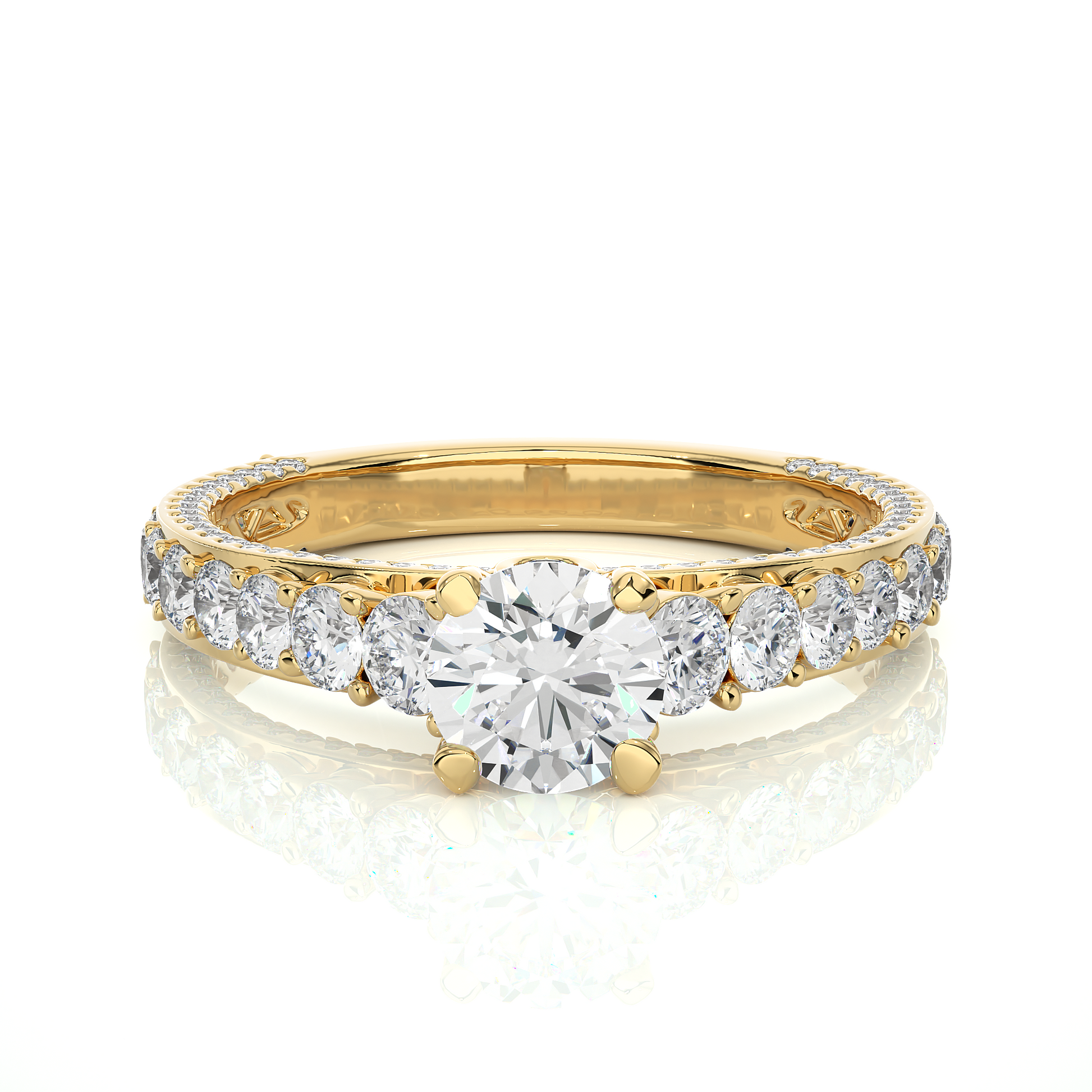 Round Diamond Ring – Solitaire Diamond with Small Diamonds Around and Sides of the Thick Ring in Elegant Design