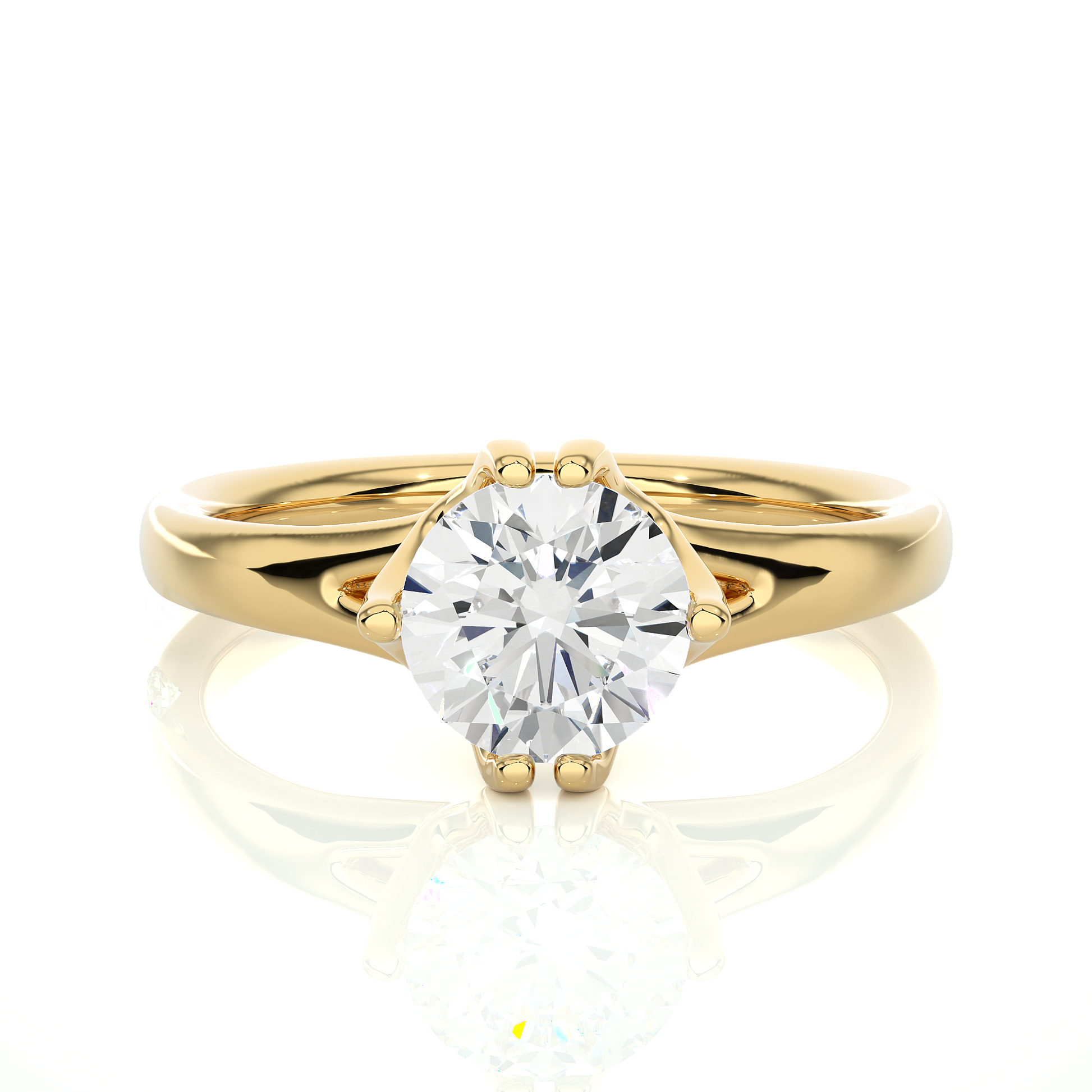 Round Diamond Ring – Solitaire Diamond Supported from 4 Sides with Plain Gold Band