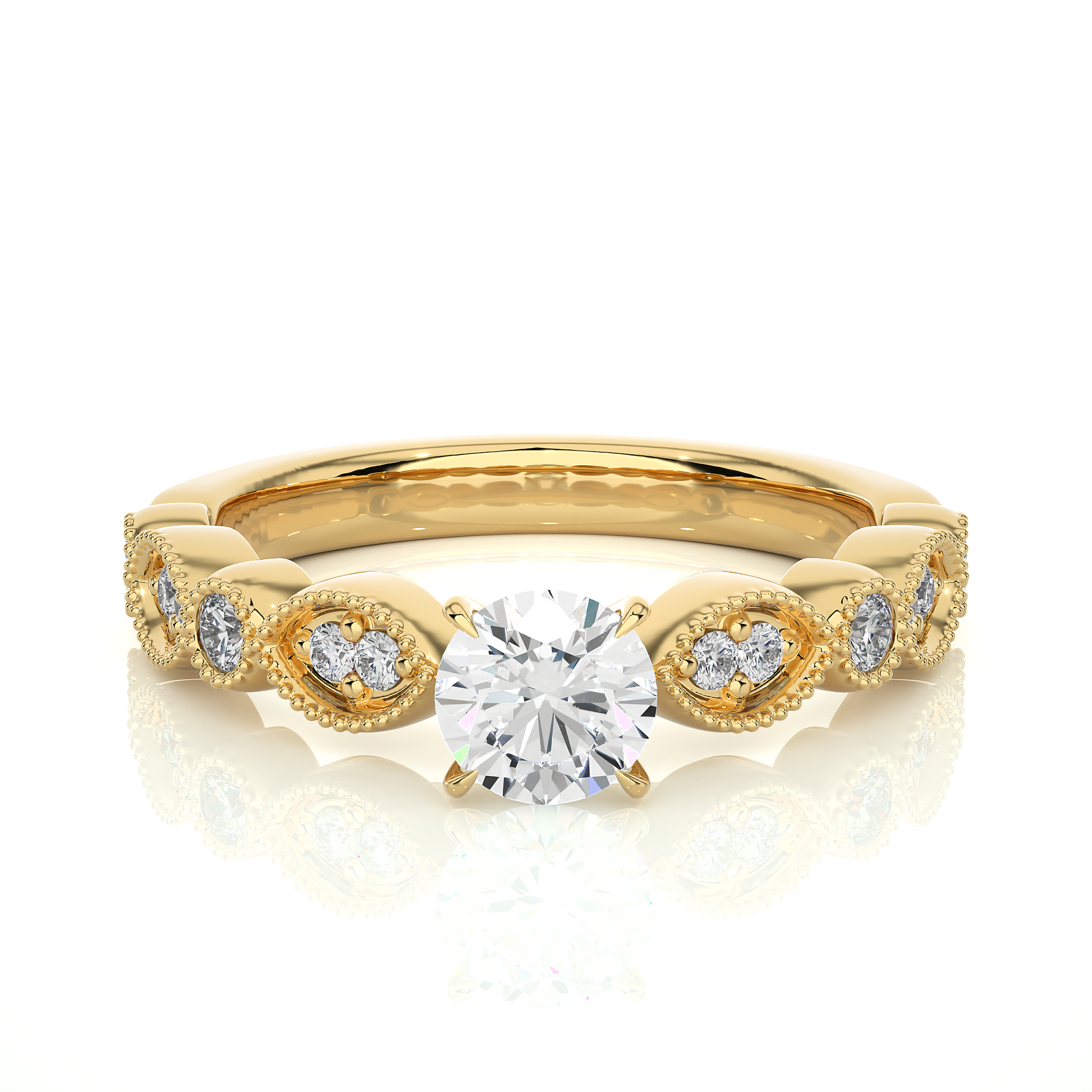 Round Diamond Ring – Design All Around with Solitaire Diamond in the Center